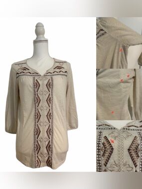 Simply Irresistible Cream Tunic with Brown Embroidered Front Panel Women’s Lg